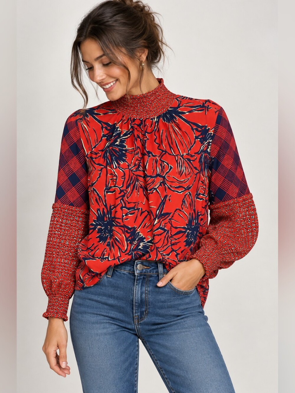 Bl^nk London Anthropologie Vivant Mixed Motif Red Mock Neck Top Size L